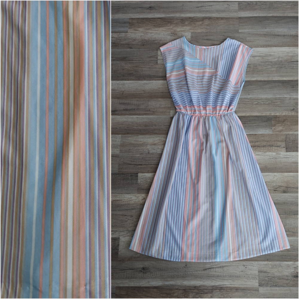 Vintage 80s Does 40s Pastel Stripe Dress Large